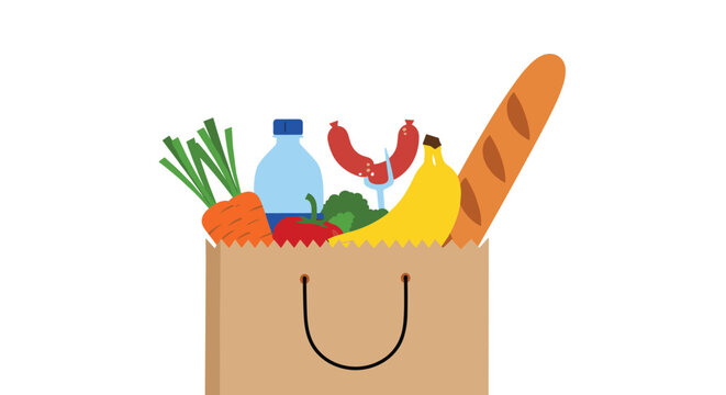 Brown paper grocery bag filled with fresh vegetables, bread, fruit, and a bottle of water in flat design.