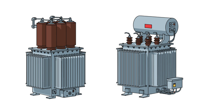 High voltage industrial power transformers used for electrical grid distribution on a clean background.