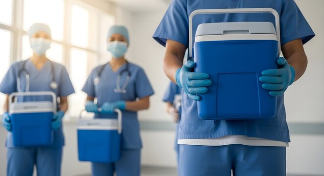 Medical professionals in blue scrubs holding blue transport coolers inside a bright modern clinical facility
