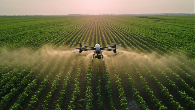Drone spraying gps-guided fertilizer across precise crop row in high-tech precision agriculture field, illustrating automated soil nutrient management and targeted application.