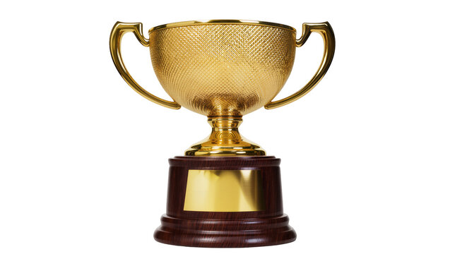 Golden textured trophy cup with handles on wooden base