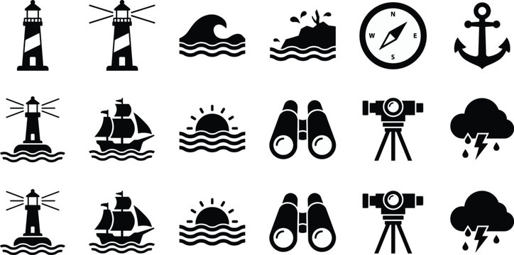 Nautical icon set vector illustration with lighthouse ship anchor compass ocean wave telescope binoculars and storm cloud for maritime design.