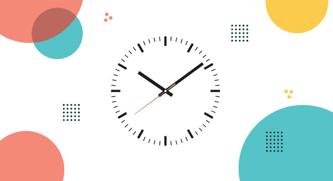 Minimalist modern round analog wall clock with geometric colorful background circles and abstract pattern elements.