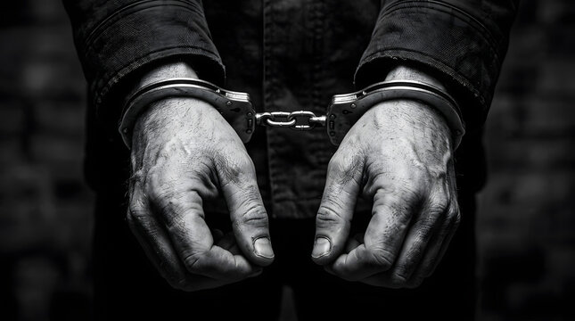 Criminal suspect displays their handcuffed wrists against a rough brick wall background to illustrate themes of incarceration and the judicial process.
