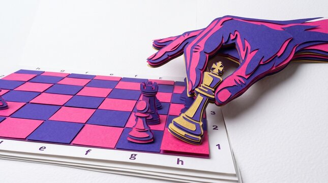 3D Layered Papercut Style Chess Move Hand Strategy Concept
