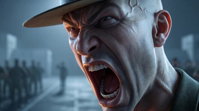 Angry military drill sergeant yelling loud. Furious army commander in hat shouting at soldiers in boot camp. Intense aggressive leadership concept