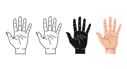 Obraz premium Human hand palm vector set, open hand gestures in outline and silhouette styles, realistic skin tone hand illustration for medical and UI design