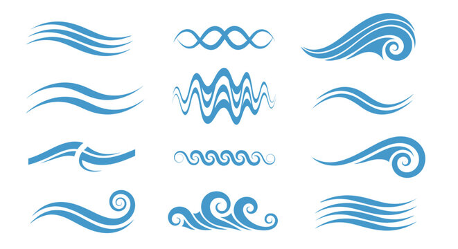Stylized blue water wave icons set, minimalist ocean surf and sea ripple vector elements, 12 decorative aquatic flow symbols for logo design