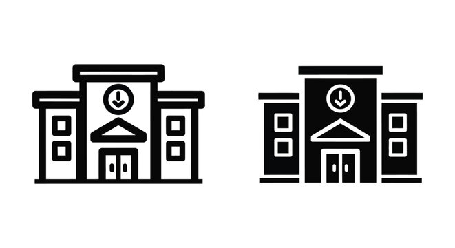 School building icon, education center or university campus architecture, vector illustration of a schoolhouse with an arrow sign, isolated on white background
