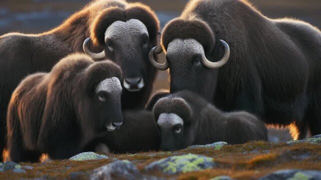 Herd of muskoxen with calves standing on arctic tundra at sunset