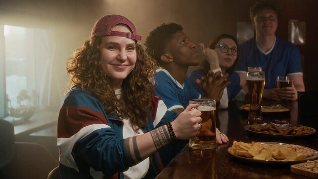 Medium portrait of young Caucasian girl wearing baseball cap and team jersey smiling at camera while holding beer glass, sitting at bar counter with friends watching match in background