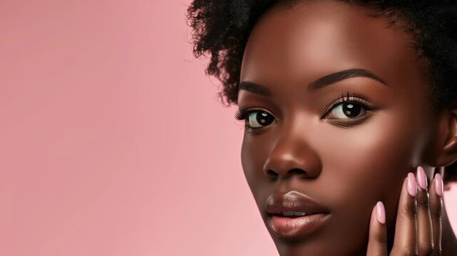 A close-up studio shot highlighting the exquisite beauty of a woman with a beautiful complexion, her hand gently touching her face in a gesture of self-care against a muted pink background.