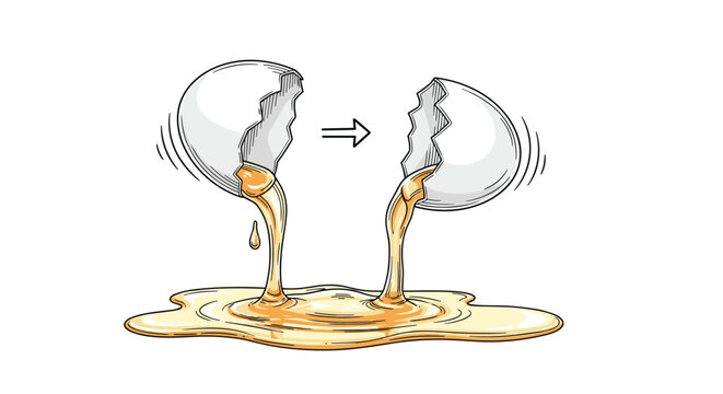 Educational diagram showing a cracked white eggshell with runny yolk dripping into a puddle, isolated on white background.