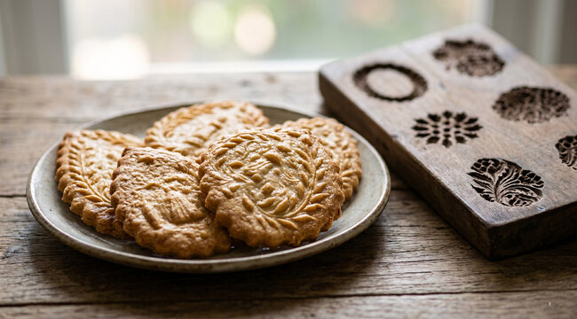Traditional Filipino San Nicolas molded cookies with ornate floral patterns beside a carved wooden cookie mold on a rustic table