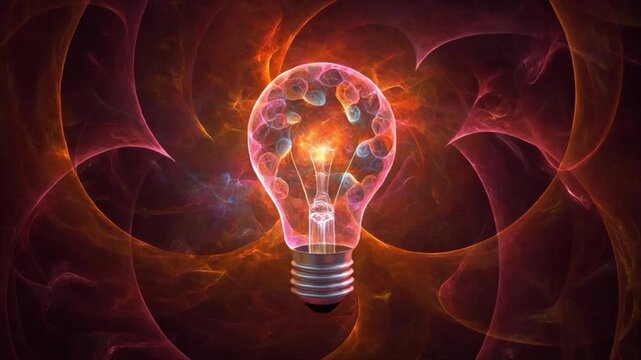 Glowing Light Bulb with Abstract Fractal Patterns Inside and Around It filament