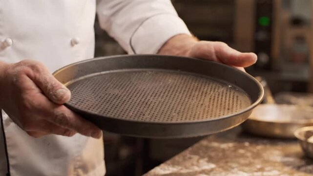 A chef in a white coat holds a metal sieve with flour on it in a kitchen setting with baking utensils around