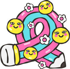 Fototapeta premium Retro groovy rainbow pencil with smile faces, Cartoon hand drawn kawaii back to school