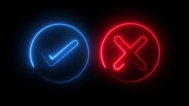 False and true. Correct and incorrect, "Minimal neon Check Mark and Cross Icon in Circle