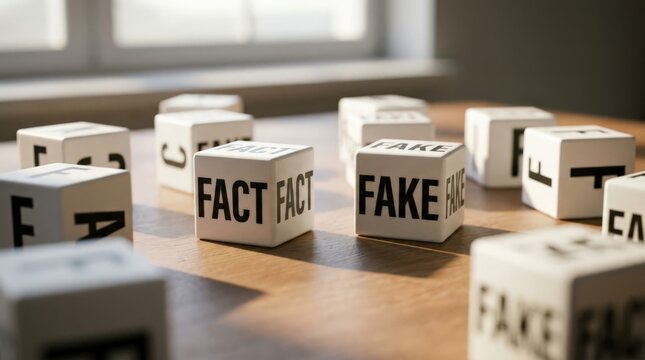 White blocks with text fact and fake on a wooden surface.