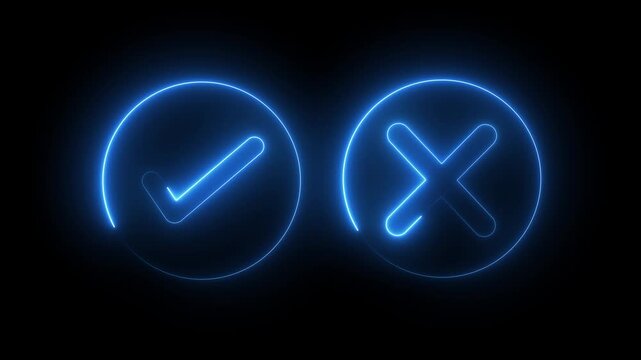 False and true. Correct and incorrect, "Minimal neon Check Mark and Cross Icon in Circle