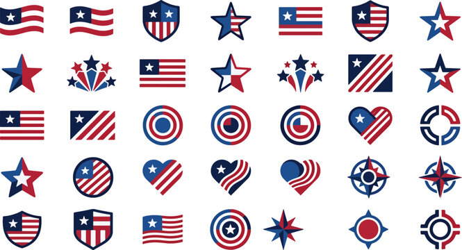 American patriotic symbol collection with flags, stars, shields, and heart shapes in national colors.