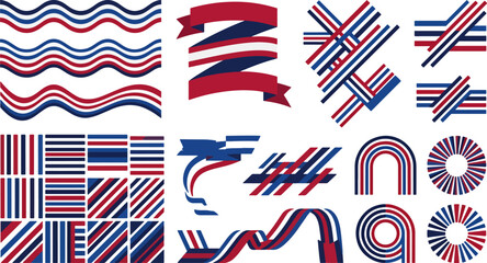 Fototapeta premium Abstract american flag inspired patterns and ribbons set in red, white, and blue colors.