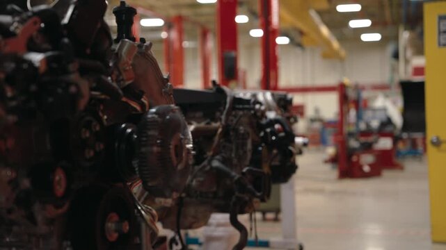 Close-up of a disassembled car engine in an automotive technical school or repair workshop