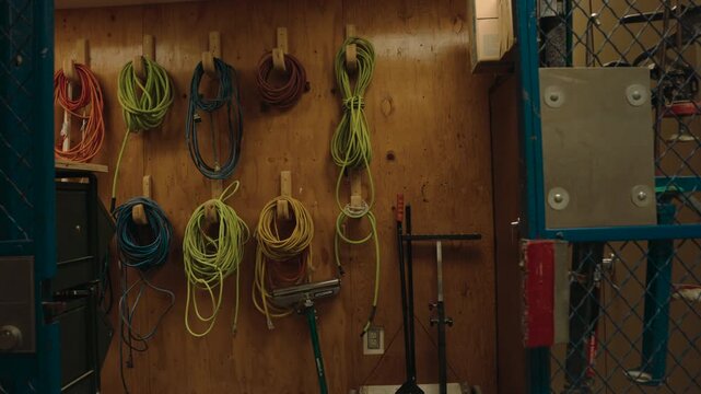 Tidy workshop wall with colorful extension cords and ropes hanging on hooks inside a storage cage