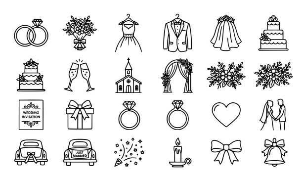 Wedding Ceremony and Bridal Line Icon Set with Rings Bouquet Dress and Celebration Elements EPS Vector Collection
