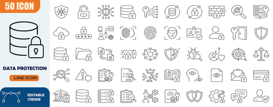 Data protection icon set in outline style. Containing cybersecurity, data security, privacy, encryption, secure cloud, firewall, authentication, GDPR compliance, and digital protection icons. Editable
