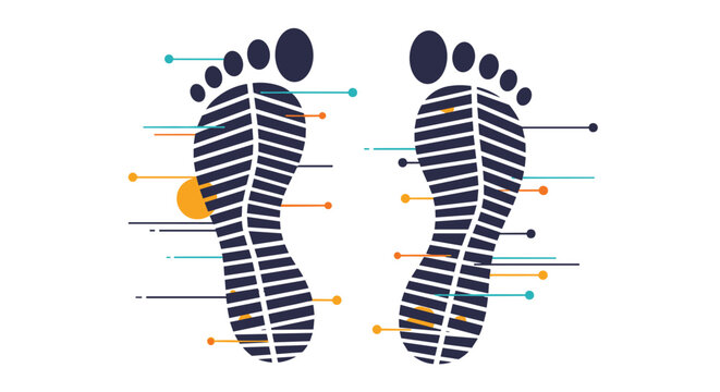 Foot reflexology chart showcasing massage points on sole footprints, detailed diagram with lines and colorful markers.
