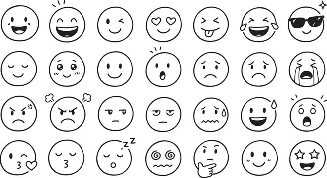 Set of hand drawn doodle emojis showing various facial expressions and emotions