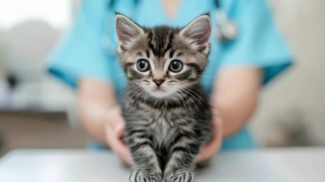 A small tabby kitten with a curious and cute expression is being held by a person wearing medical scrubs. The kitten is in focus and the person holding the kitten is blurred.