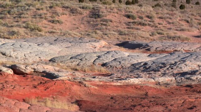 Unique Desert Patterns And Layered Sandstone Texture At White Pocket In Arizona, USA. - zoom out shot