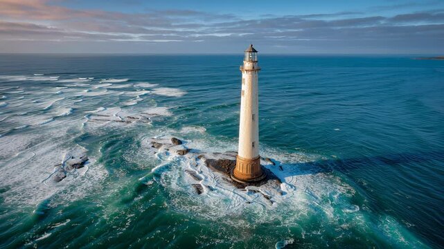 A wide aerial view featuring a tall, slender white lighthouse with a sturdy brown base amidst a deep blue ocean.