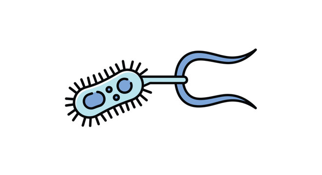 Microscopic bacterium cell with flagella and internal structures is drawn in a simple cute cartoon style.