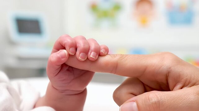 A newborn baby holds onto a parent finger with tiny fingers in a hospital nursery setting with soft lighting