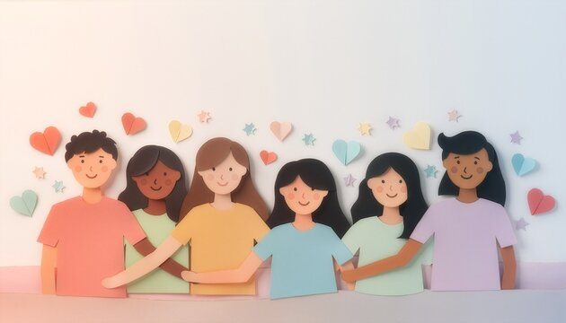 Cut-paper collage illustration celebrating freedom and community, sunrise with rays, raised joyful hands, stars and abstract people silhouettes, soft fresh colour palette of warm coral red, gentle gre
