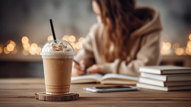 Iced coffee in a clear plastic cup on a wooden table and a girl writing in a notebook in the background.