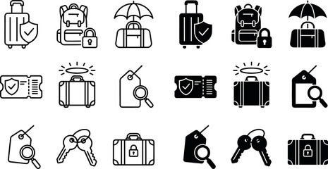Travel Luggage Protection and Baggage Insurance Vector Icon Set with Security Shield Lock Ticket and Tag Outline Solid Symbols © Vectorfair