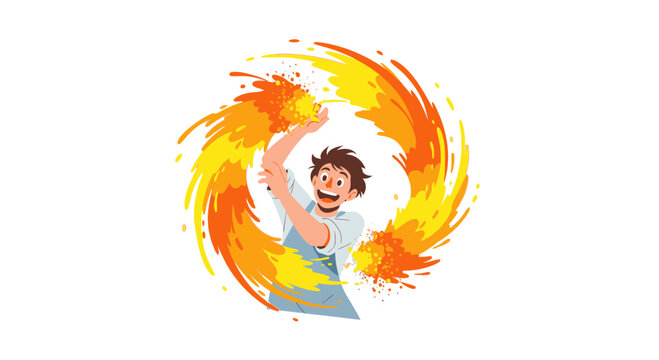 A man dances with vibrant orange flames swirling around him outdoors.