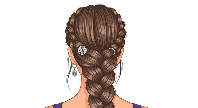 Rear view illustration of a woman with elaborate French braid hairstyle and elegant silver hair clips.