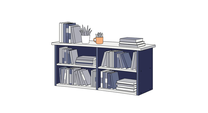 Short blue wooden bookshelf organized with many books, notebooks, and small potted plants on white background.