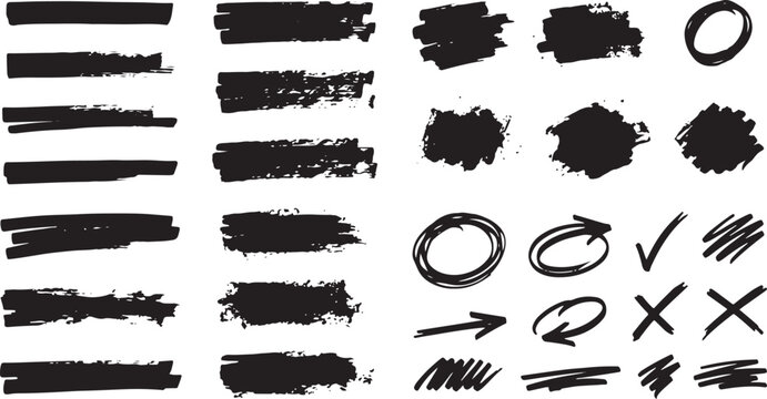 Grunge black marker strokes and highlight brush set, hand drawn ink textures and scribbles, 26 vector elements for graphic design and annotation
