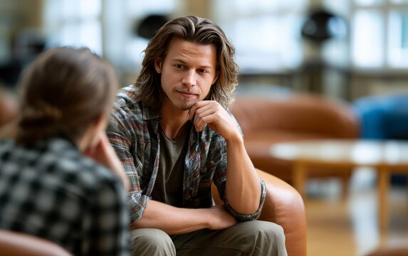 Thoughtful man engaged in deep conversation in modern living space