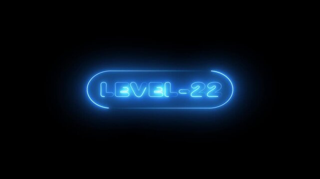 glowing neon Level-22 text inside a horizontal banner on black background. level 22 text icon animation.