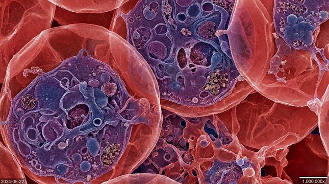 Ultra detailed microscopic visualization of Plasmodium protozoa within red blood cells, showing complex cellular structures and layered biological environment at extreme magnification.