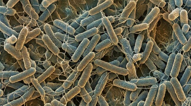 Ultra detailed microscopic visualization of Salmonella bacteria showing rod-shaped cells with flagella and dynamic organic surface patterns at extreme magnification.