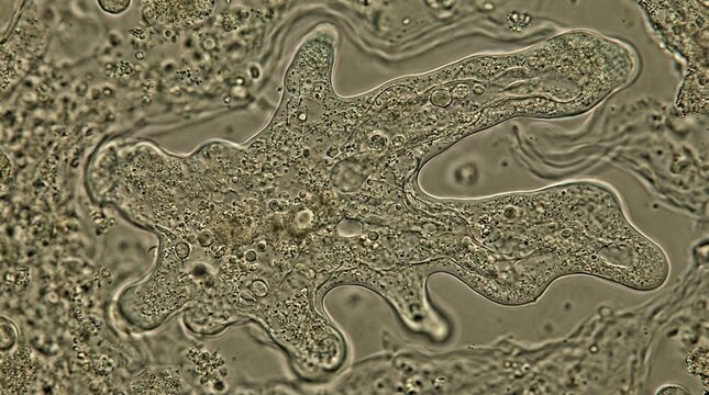 Ultra detailed microscopic visualization of Amoeba proteus showing flowing pseudopodia and organic cellular structures. Scientific protozoa background at extreme magnification.