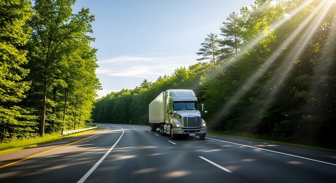 Modern white semi truck driving fast along a scenic asphalt highway during a sunny morning
